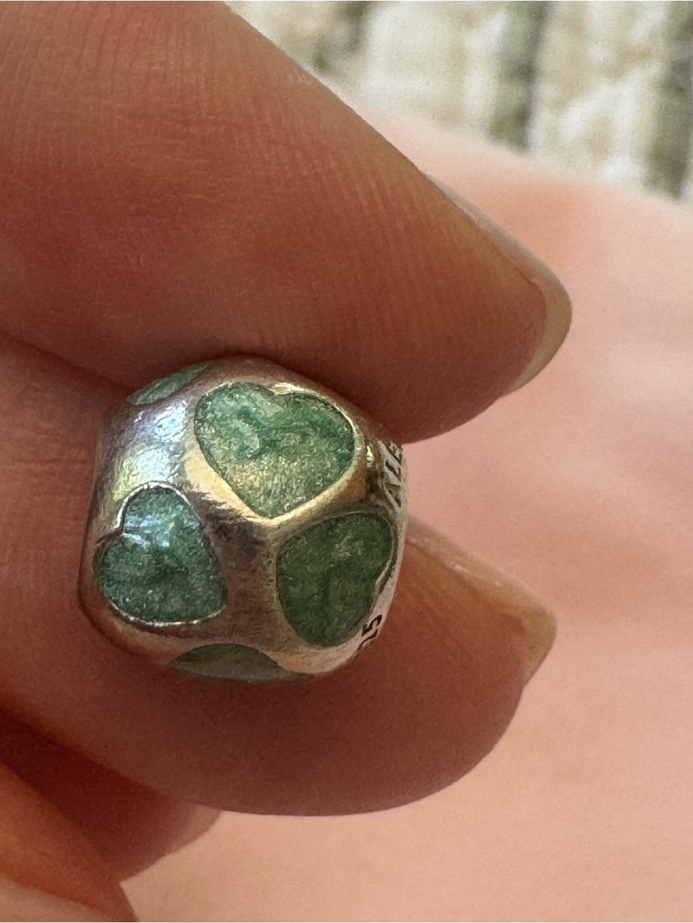 Pandora Sterling Silver Bead with Teal Enamel Hearts.